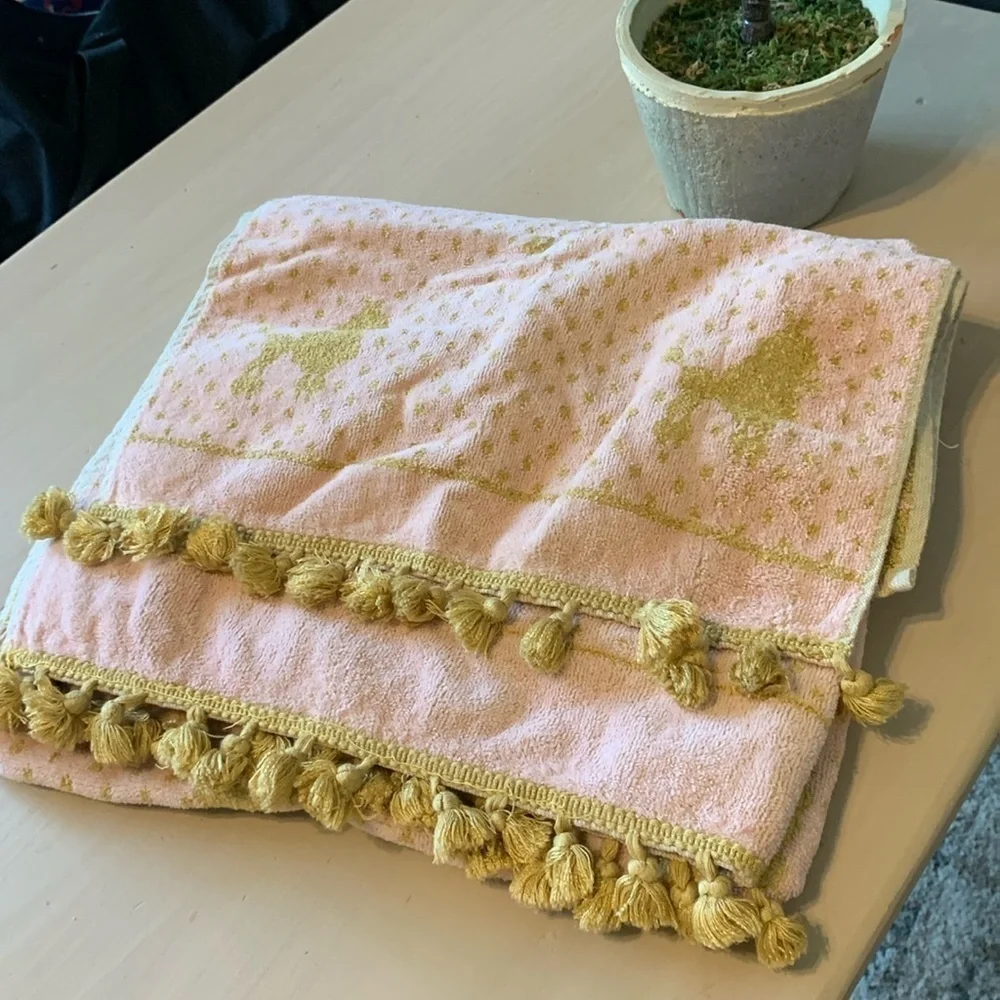Besana Made in Italy pink & Gold Reversible Towel  POODLES Tassel Fringe vintage